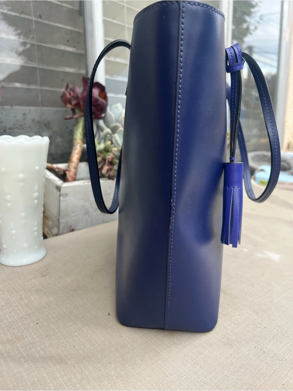 kate spade Navy Leather Tote with Tassel Accent